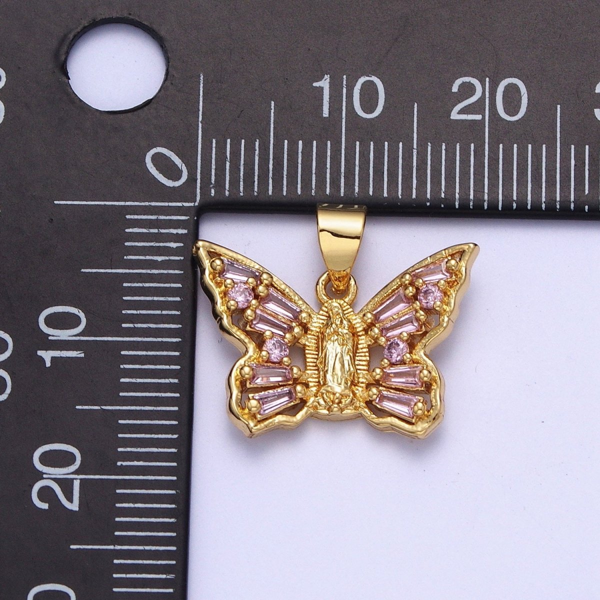 OS Dainty Pink Butterfly Charm with Lady Guadalupe Center Virgin Mary Pendant for Necklace X-399 - DLUXCA