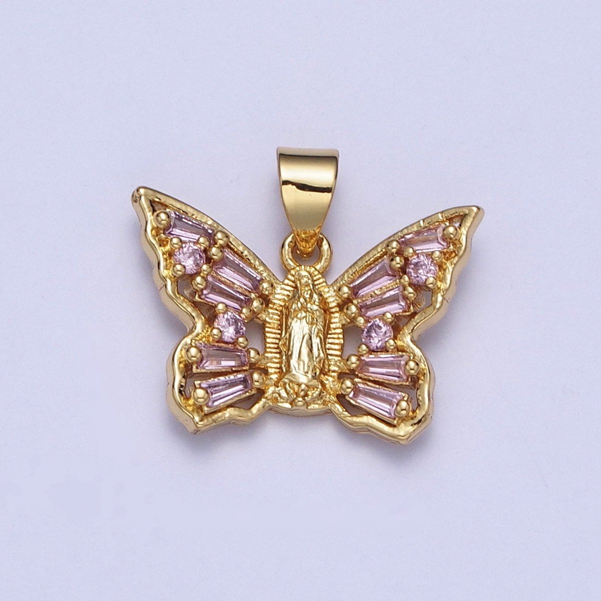 OS Dainty Pink Butterfly Charm with Lady Guadalupe Center Virgin Mary Pendant for Necklace X-399 - DLUXCA