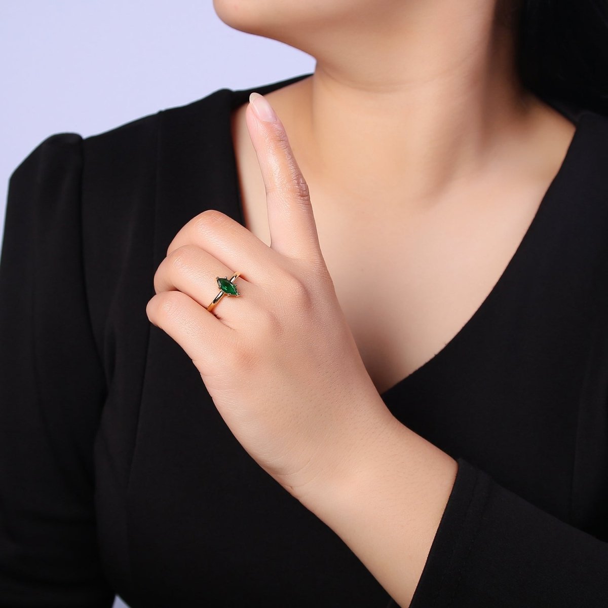 OS Emerald Marquise Ring, May Birthstone, Dainty Gold Emerald Ring Open Adjustable O-2185 - DLUXCA