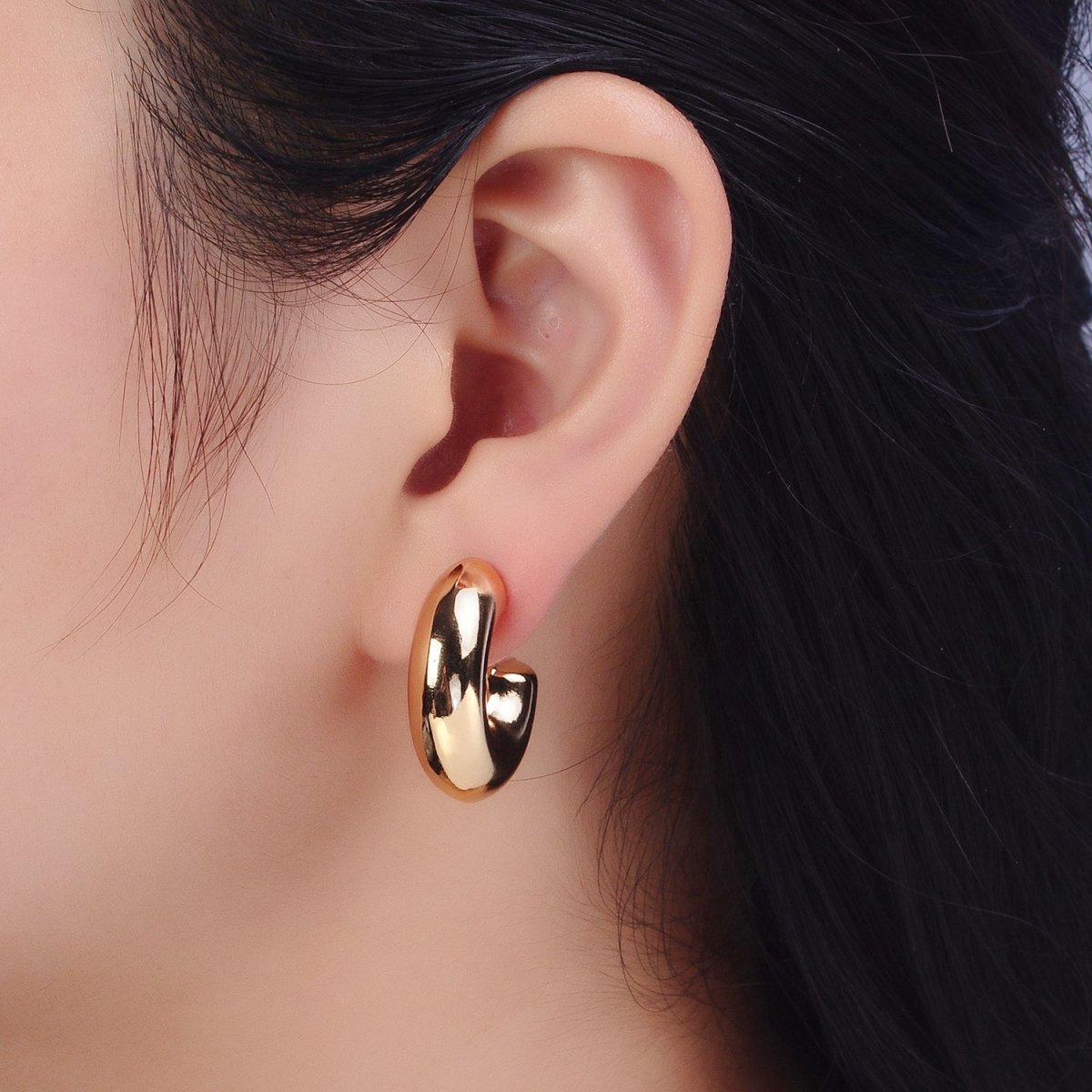 OS Gold Filled Edged Wide Chubby Geometric C-Shaped Hoop Earrings in Gold & Silver | AB342 AB343 - DLUXCA