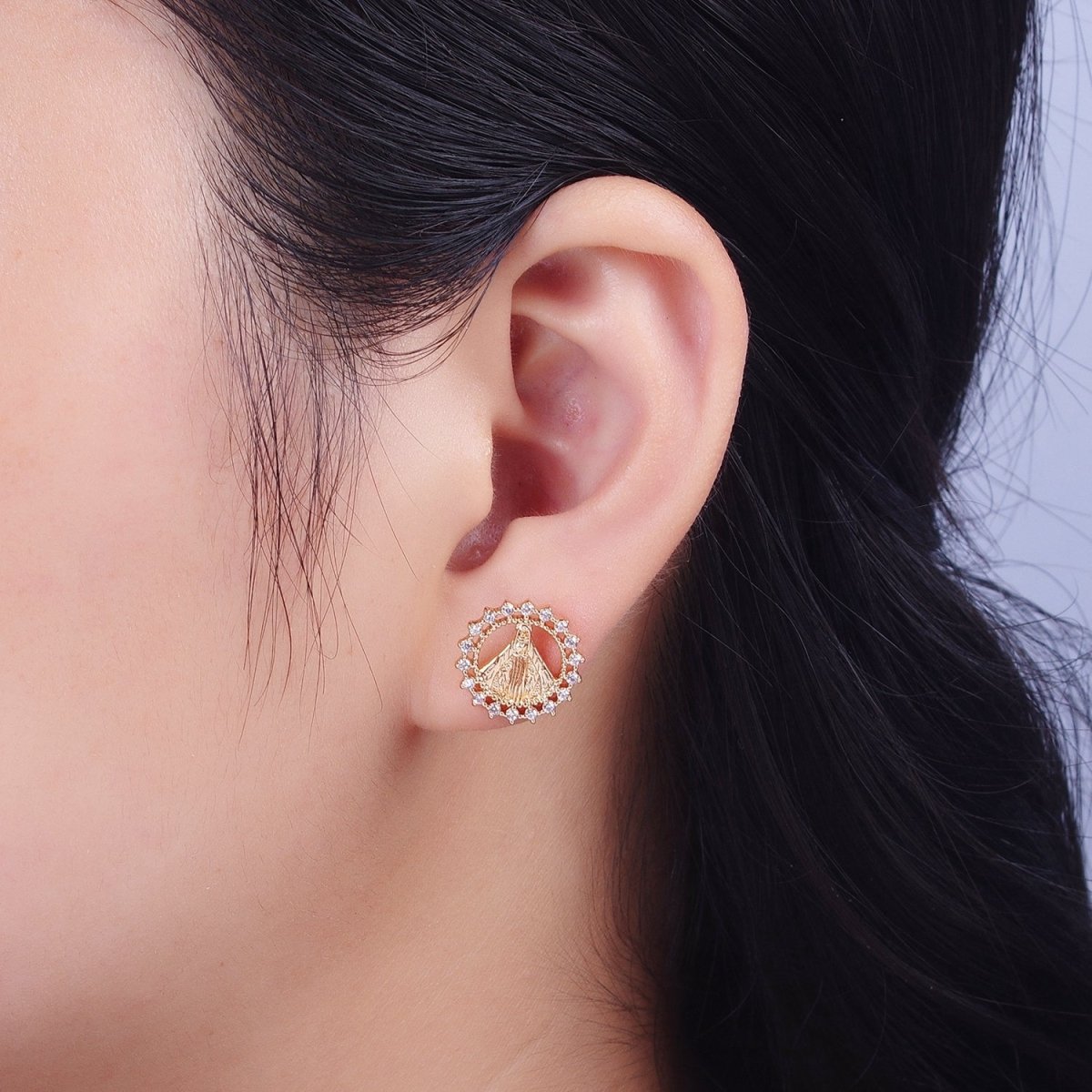 OS Gold Virgin Mary Stud Earring Sun Medallion Miraculous Lady Earring Catholic Religious Jewelry Gift AE-1049 - DLUXCA