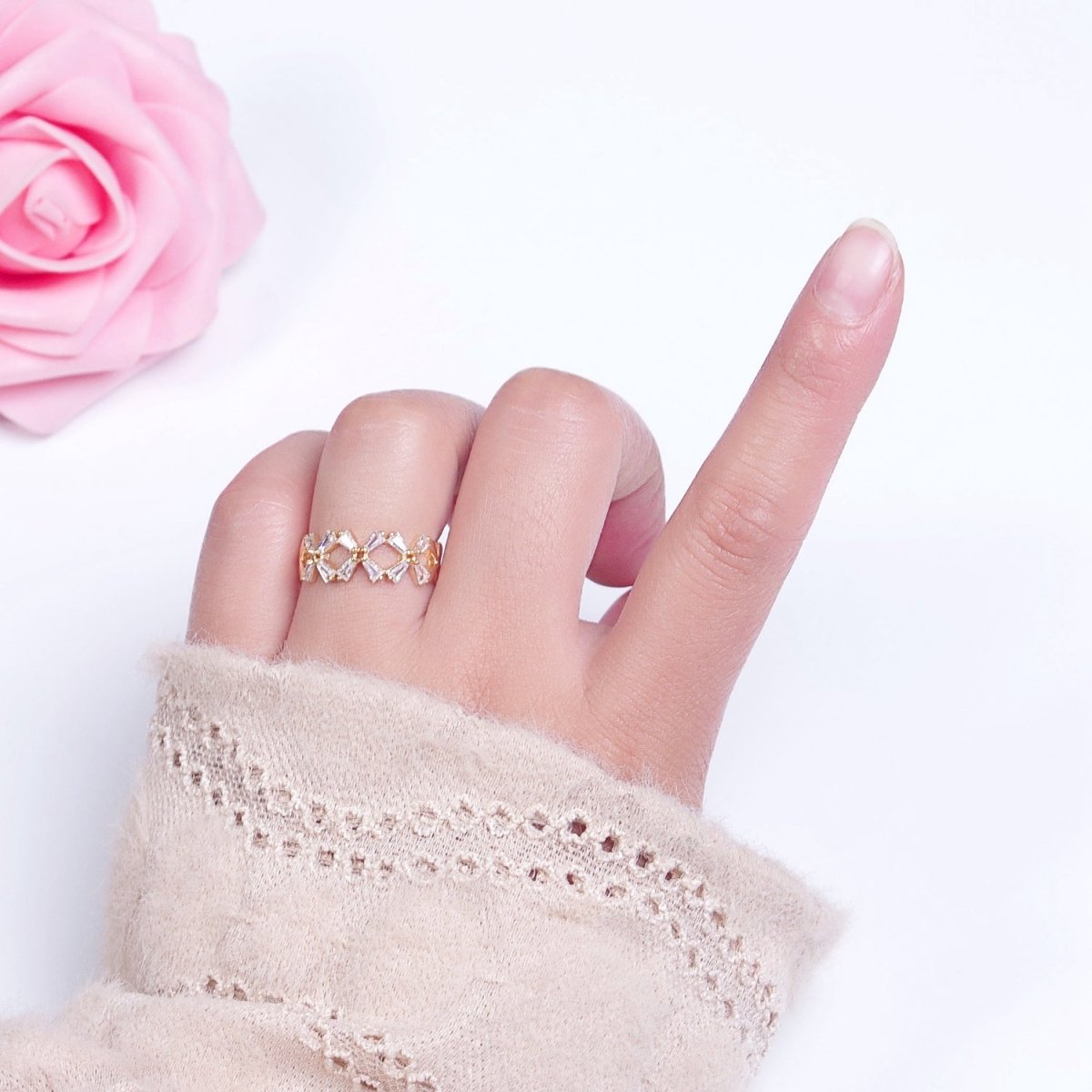 OS Minimalist Gold Baguette Cubic Zirconia Flower Adjustable Ring O-317 - DLUXCA