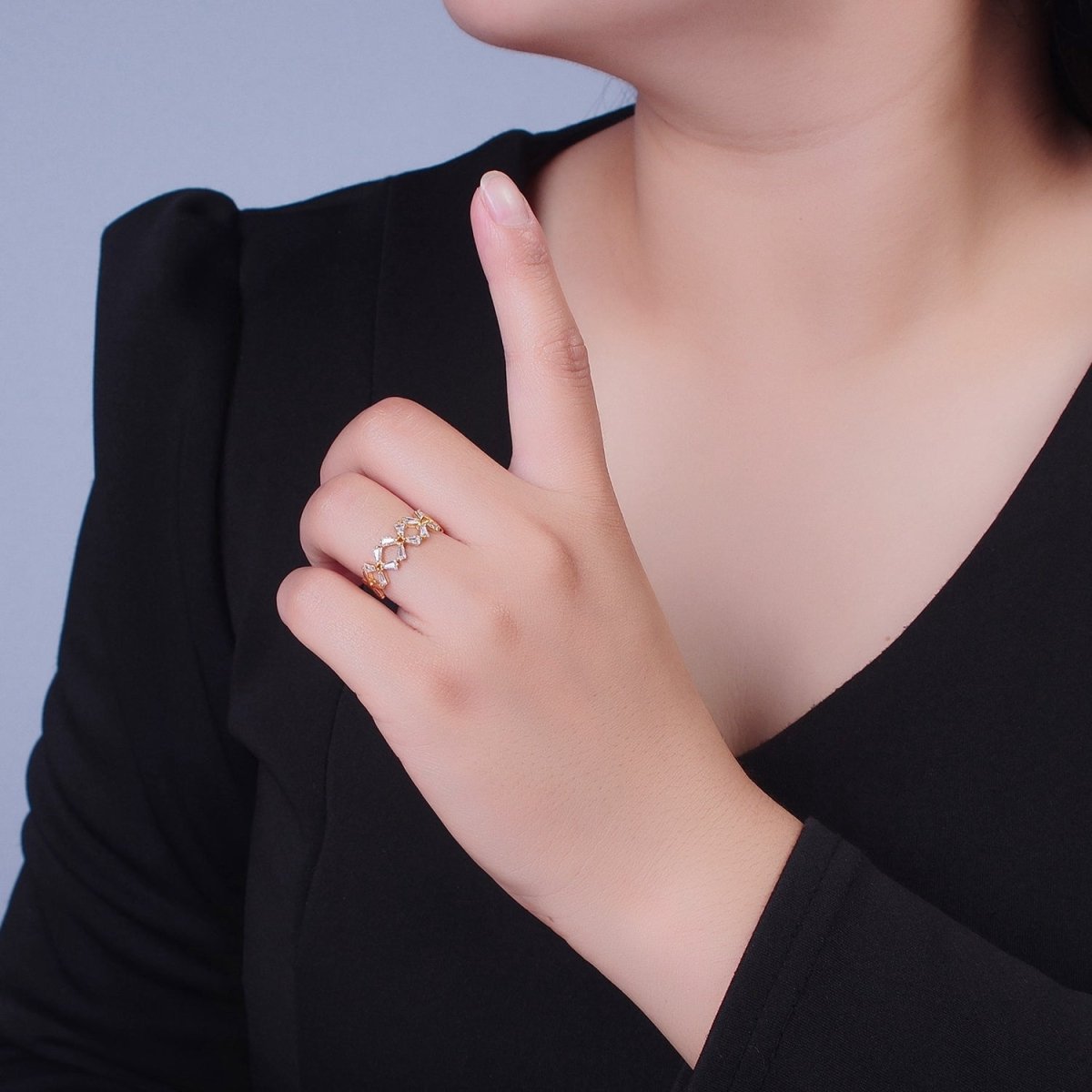 OS Minimalist Gold Baguette Cubic Zirconia Flower Adjustable Ring O-317 - DLUXCA