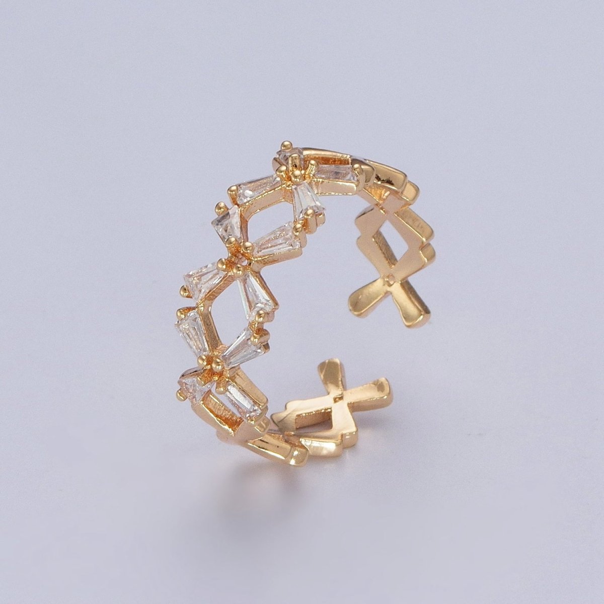 OS Minimalist Gold Baguette Cubic Zirconia Flower Adjustable Ring O-317 - DLUXCA