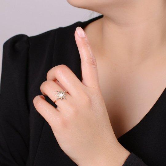 OS Opal sun ring, Dainty sunshine ring, Thin Gold Ring, October Birthstone, Delicate celestial Jewelry, Solar Polaris R-200 - DLUXCA