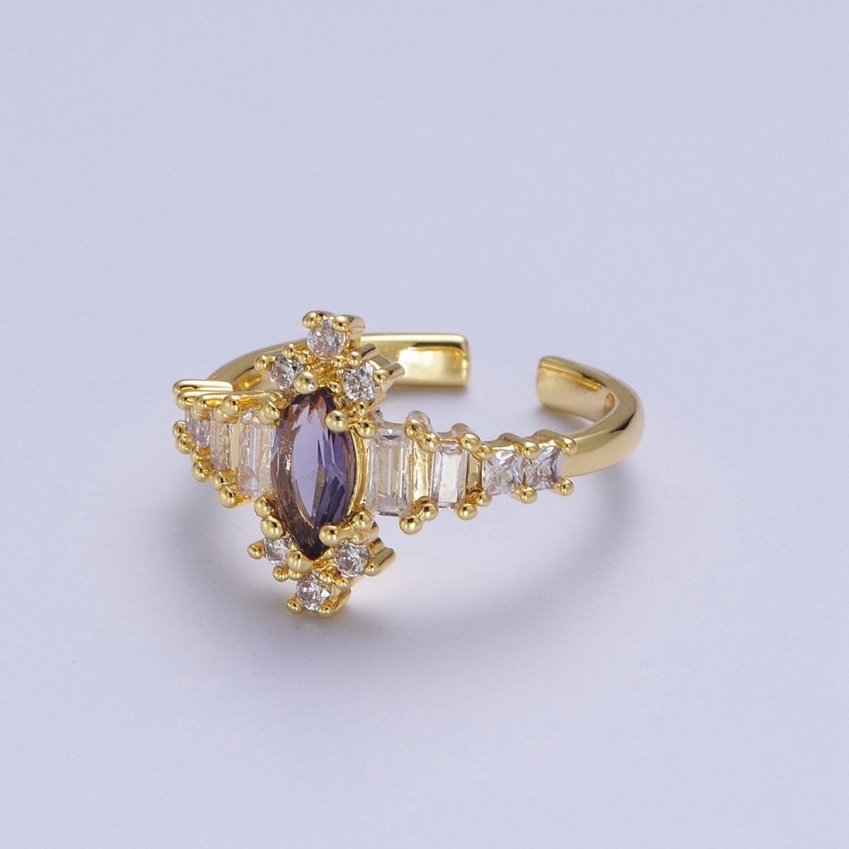 OS Purple Amethyst Marquise & Clear Baguette Cubic Zirconia Gold Adjustable Ring S-384 - DLUXCA
