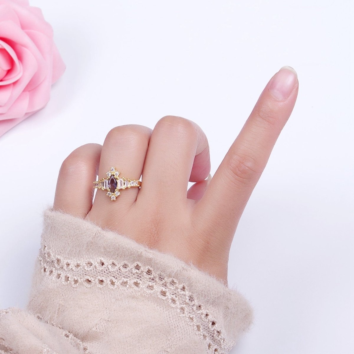 OS Purple Amethyst Marquise & Clear Baguette Cubic Zirconia Gold Adjustable Ring S-384 - DLUXCA