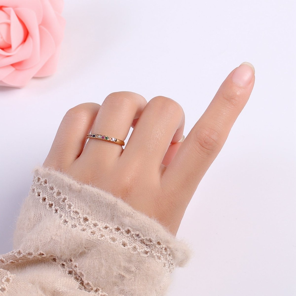 OS Rainbow Crystal 18K Gold Filled Simple Adjustable Ring O-360 - DLUXCA