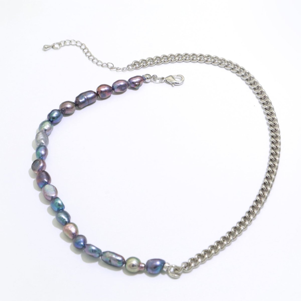 OS Rainbow Peacock Fresh Water Baroque Pearl Silver Curb Chain Link Necklace Unisex Jewelry | WA-267 Clearance Pricing - DLUXCA