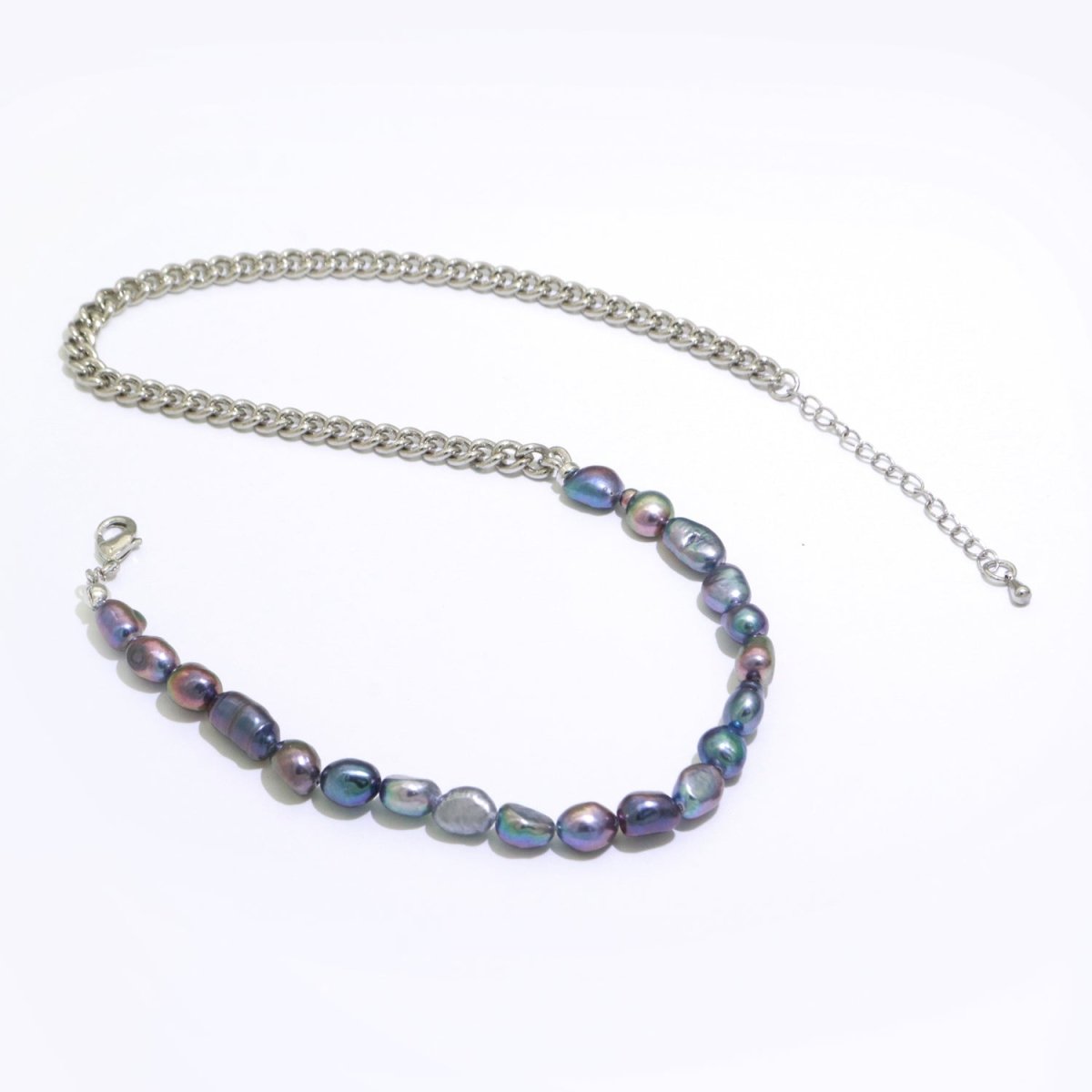 OS Rainbow Peacock Fresh Water Baroque Pearl Silver Curb Chain Link Necklace Unisex Jewelry | WA-267 Clearance Pricing - DLUXCA