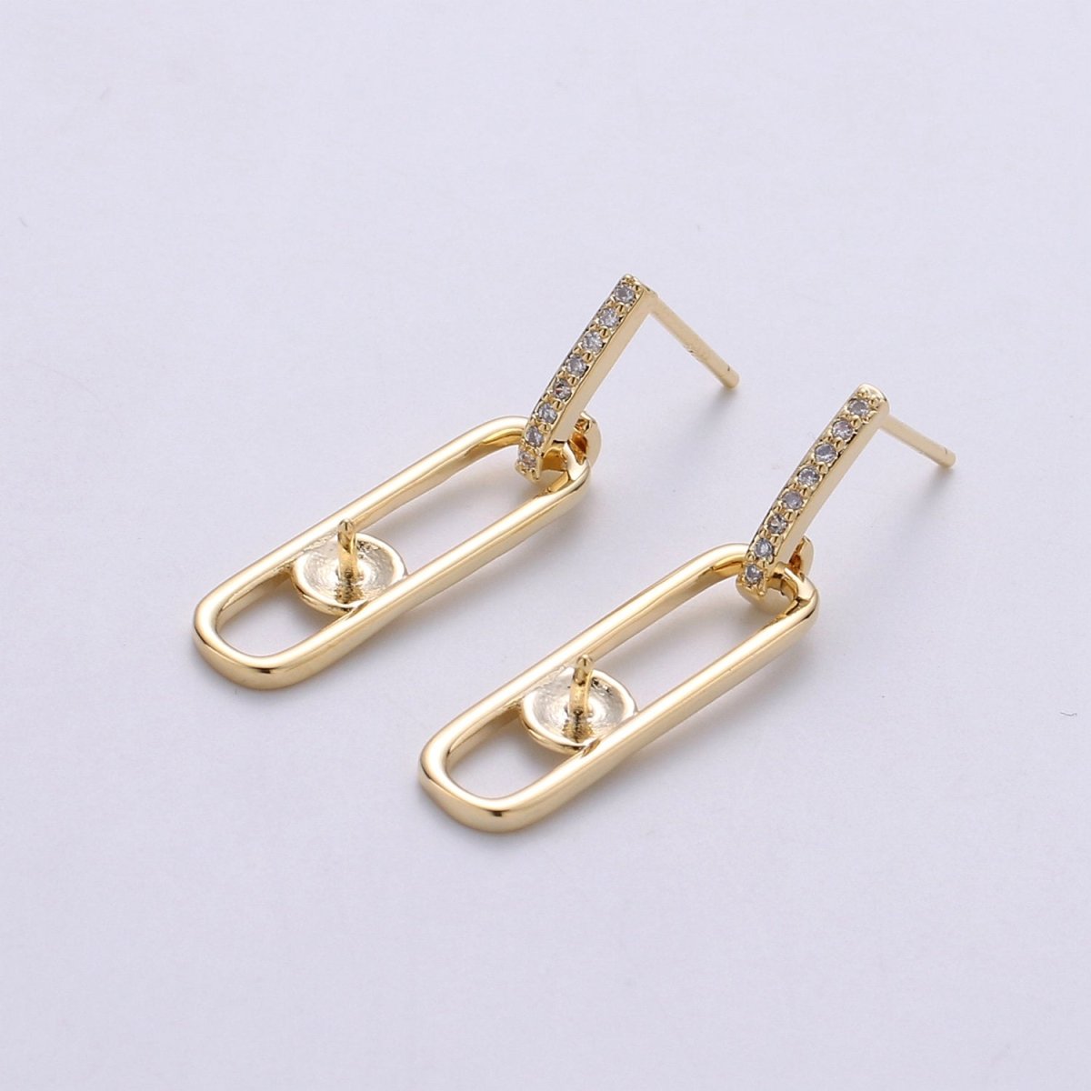 Oval Dangle Post Earring Earring Component for DIY Pearl Earring Findings, Half Drilled Pearl Dangle Earring Supply K-401 - DLUXCA