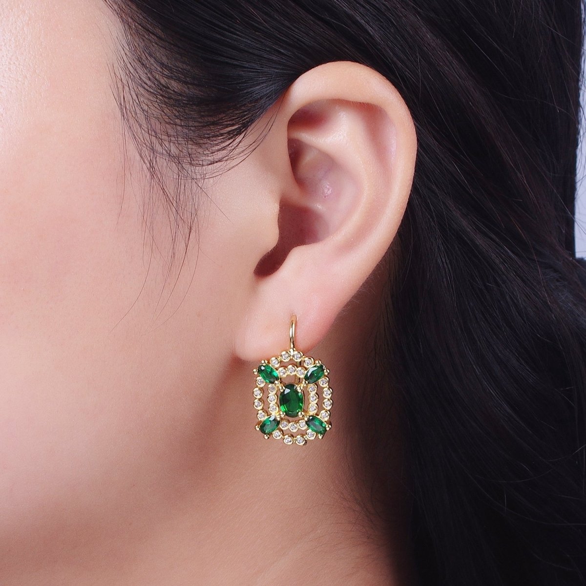Oval Emerald Green French Hook Earring Circular Cubic Zirconia Drop CZ Gold Earrings | Y-118 - DLUXCA