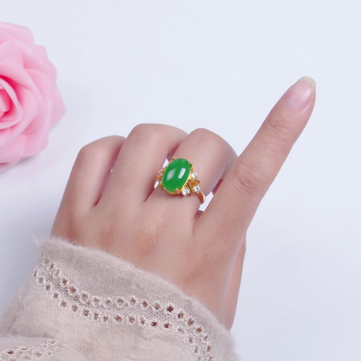 Oval Green Jade Statement Ring, O-2299 - DLUXCA