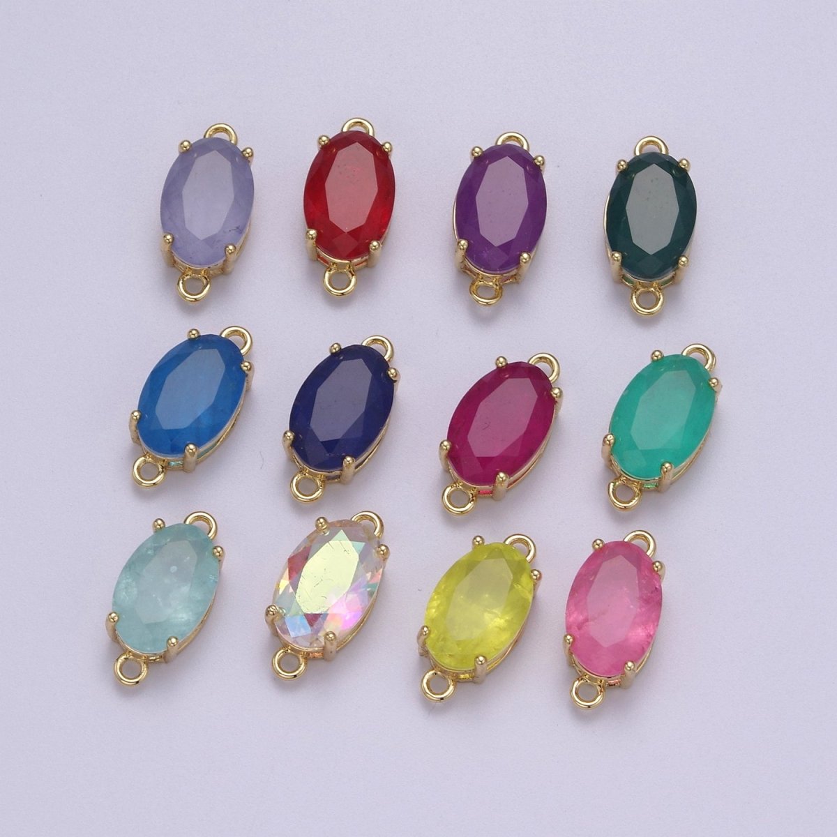 Oval Solitaire CZ Birthstone Charm Connector Geometric Diamond Cut Dainty Cubic Zirconia Connector for Necklace Earring Supply F-661~F-673 - DLUXCA