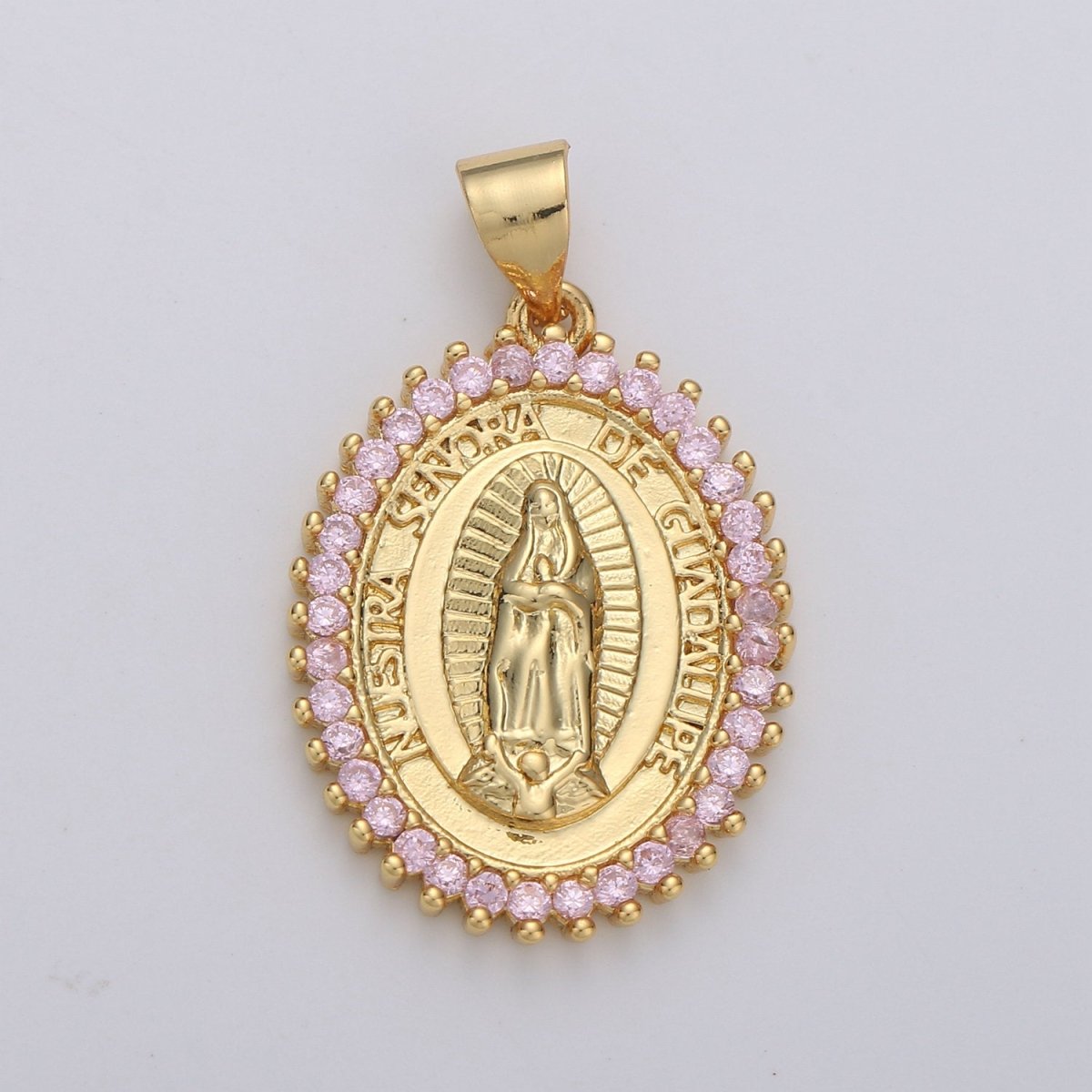 Overstock Clearance 24k Gold Filled Virgin Mary Pendant Necklace Pink Micro Pave Virgen de Guadalupe Medallion Pendant for Necklace Religious Jewelry Supply I-649 I-650 - DLUXCA