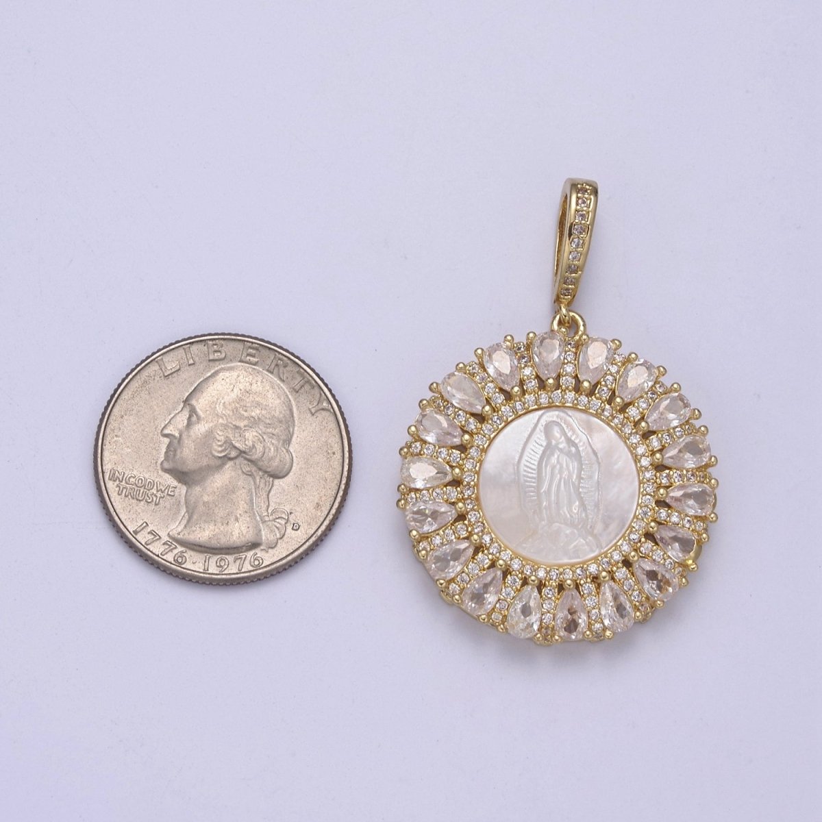 OZ CZ Micro Pave Lady Guadalupe On Round Coin Pearl Charms, 14K Gold Filled Virgin Mary Pendant, Mother of Pearl Necklace Charm, 42.5x30mm H-403 - DLUXCA