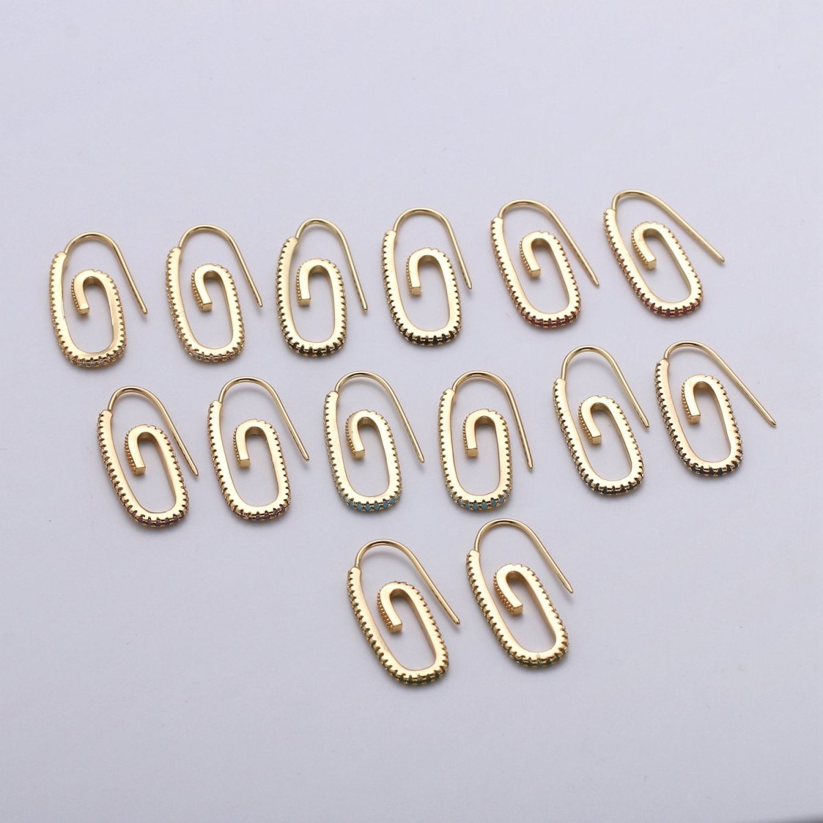 Paper Clip Earrings, Micro Pave Paper Clip Earrings, Trend Jewelry, Gold Hoop Earrings Clear, Green Black Blue Purple CZ Earring K-633 K-636 - K-638 - DLUXCA