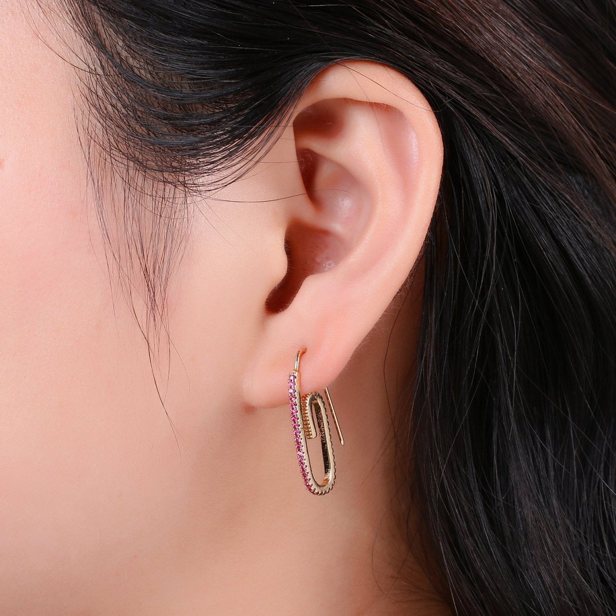Paper Clip Earrings, Micro Pave Paper Clip Earrings, Trend Jewelry, Gold Hoop Earrings Clear, Green Black Blue Purple CZ Earring K-633 K-636 - K-638 - DLUXCA