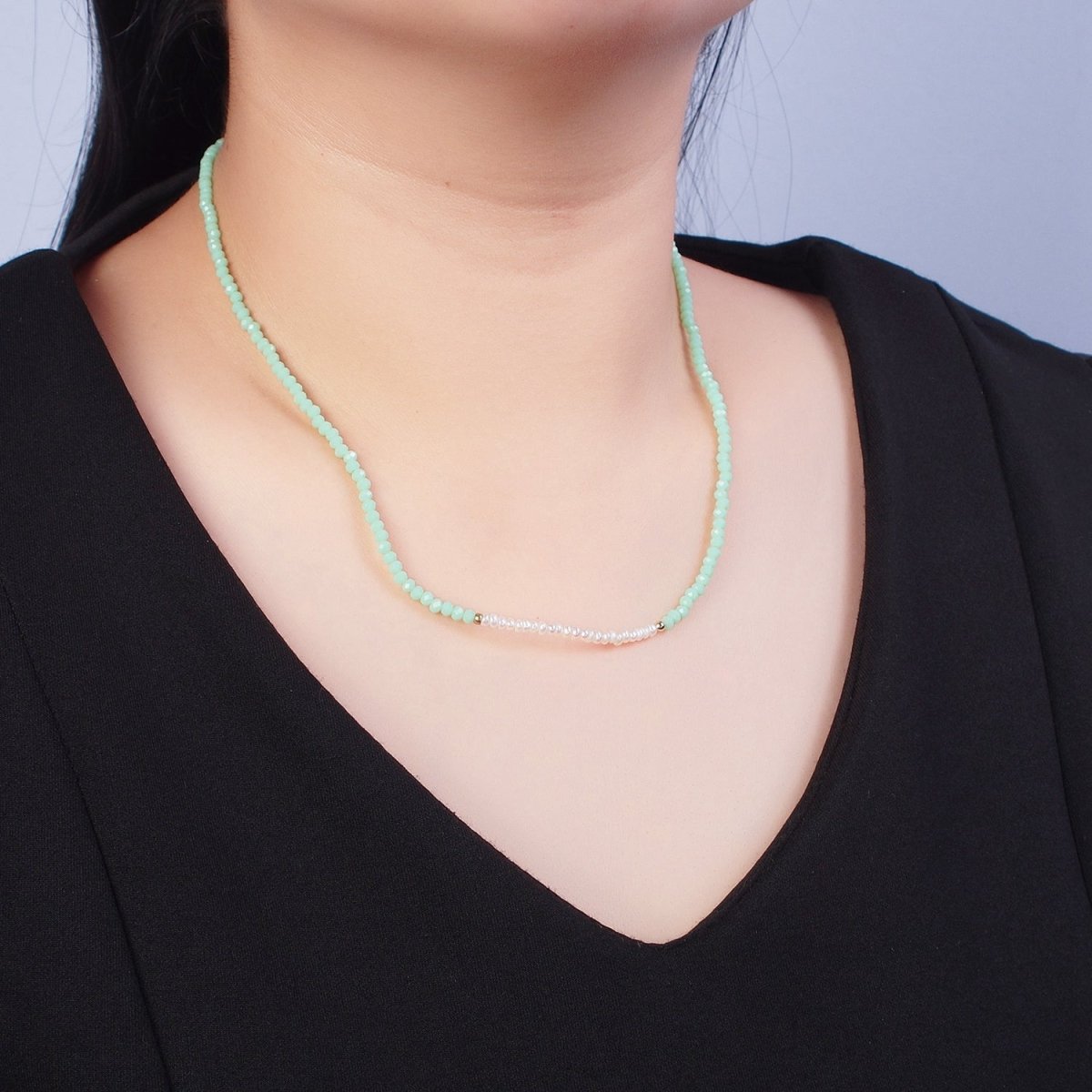 Pastel Color Glass Beaded Necklace Faceted Rondell Beads with Fresh Water Pearl Necklace | WA-1039 to WA-1041 Clearance Pricing - DLUXCA