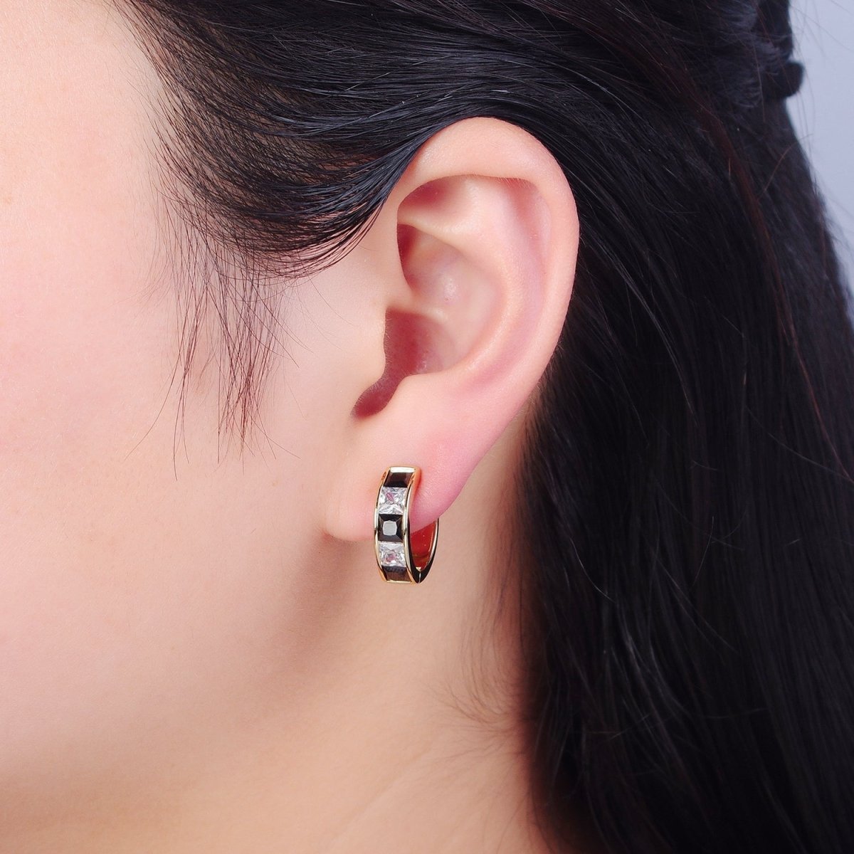 Pastel, Neon, Clear, Checkered Square CZ Lined Wide 16mm Gold Huggie Hoops Earrings | P-369~P-372 - DLUXCA