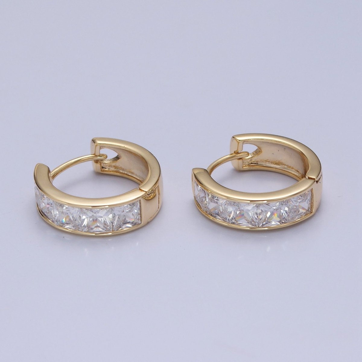 Pastel, Neon, Clear, Checkered Square CZ Lined Wide 16mm Gold Huggie Hoops Earrings | P-369~P-372 - DLUXCA