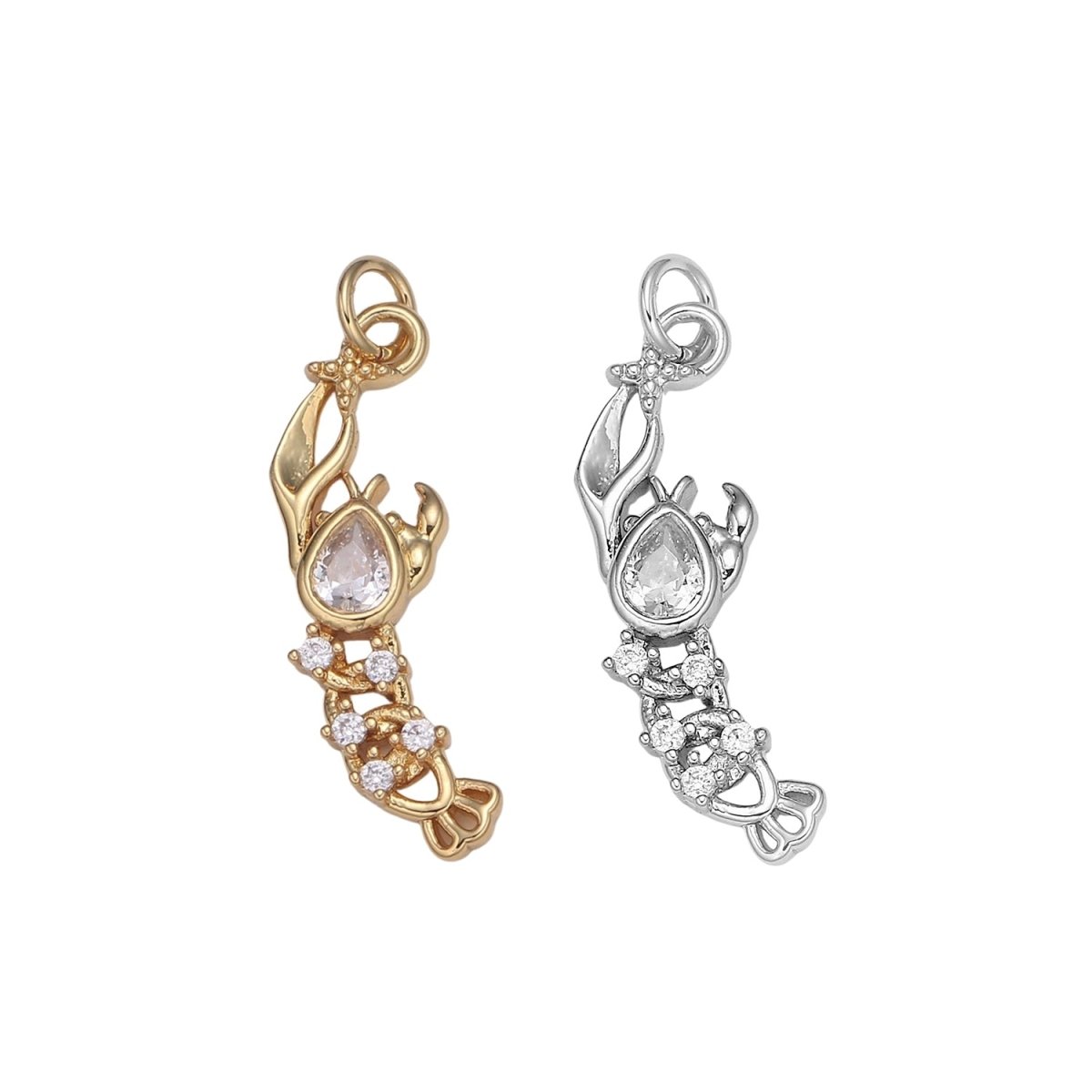 Pear Cut Pave Gold Lobster Charm, Shrimp Bracelet Charm, Necklace Charm, Earring Charm, Ocean Jewelry, Underwater animal E-197 E-788 - DLUXCA