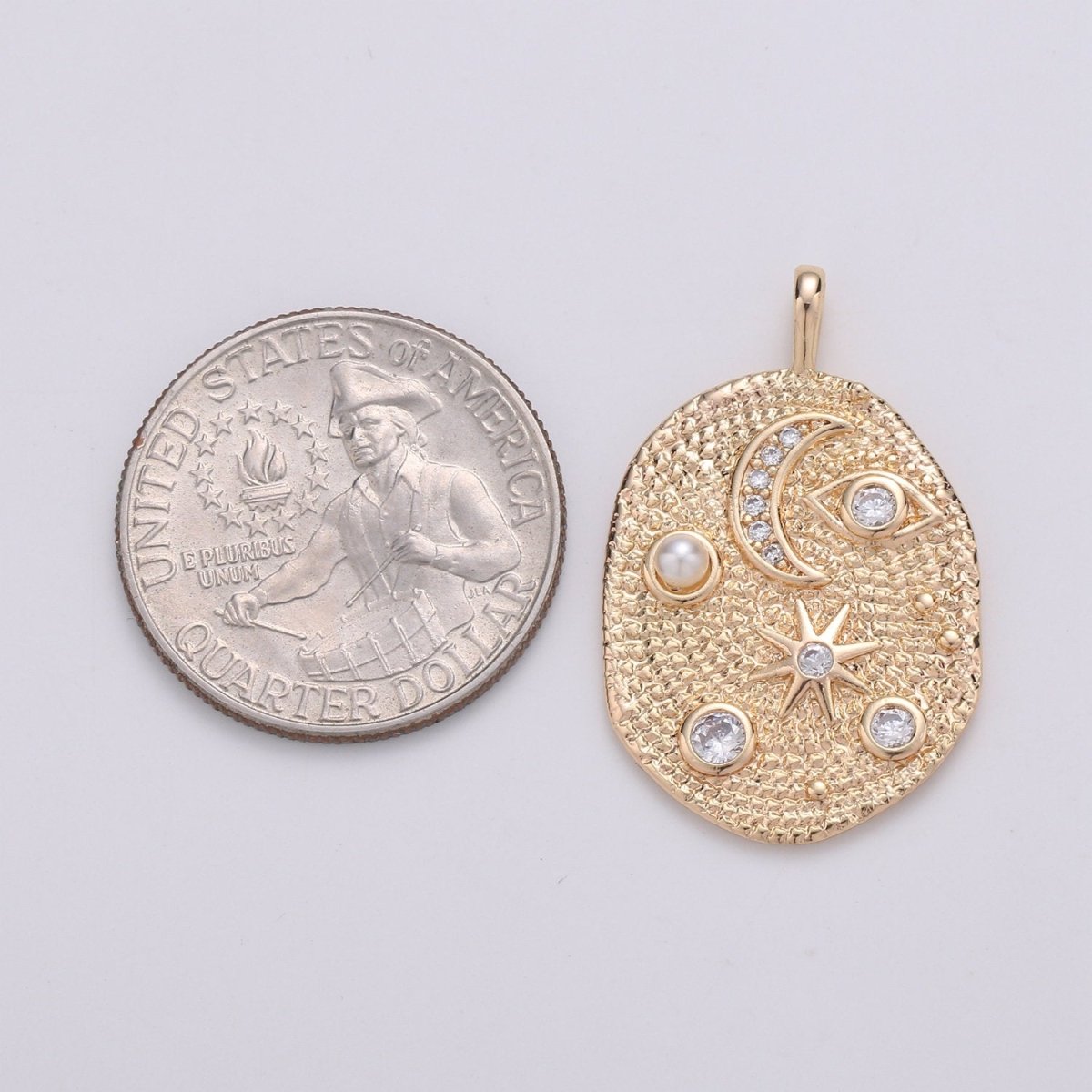Pearl and Micro Pave Clear CZ Planet in the Ovum Pendant 14K Gold Filled Charm, Star, Crescent Moon, Galaxy, DIY Jewelry Necklace Making | D-738 - DLUXCA