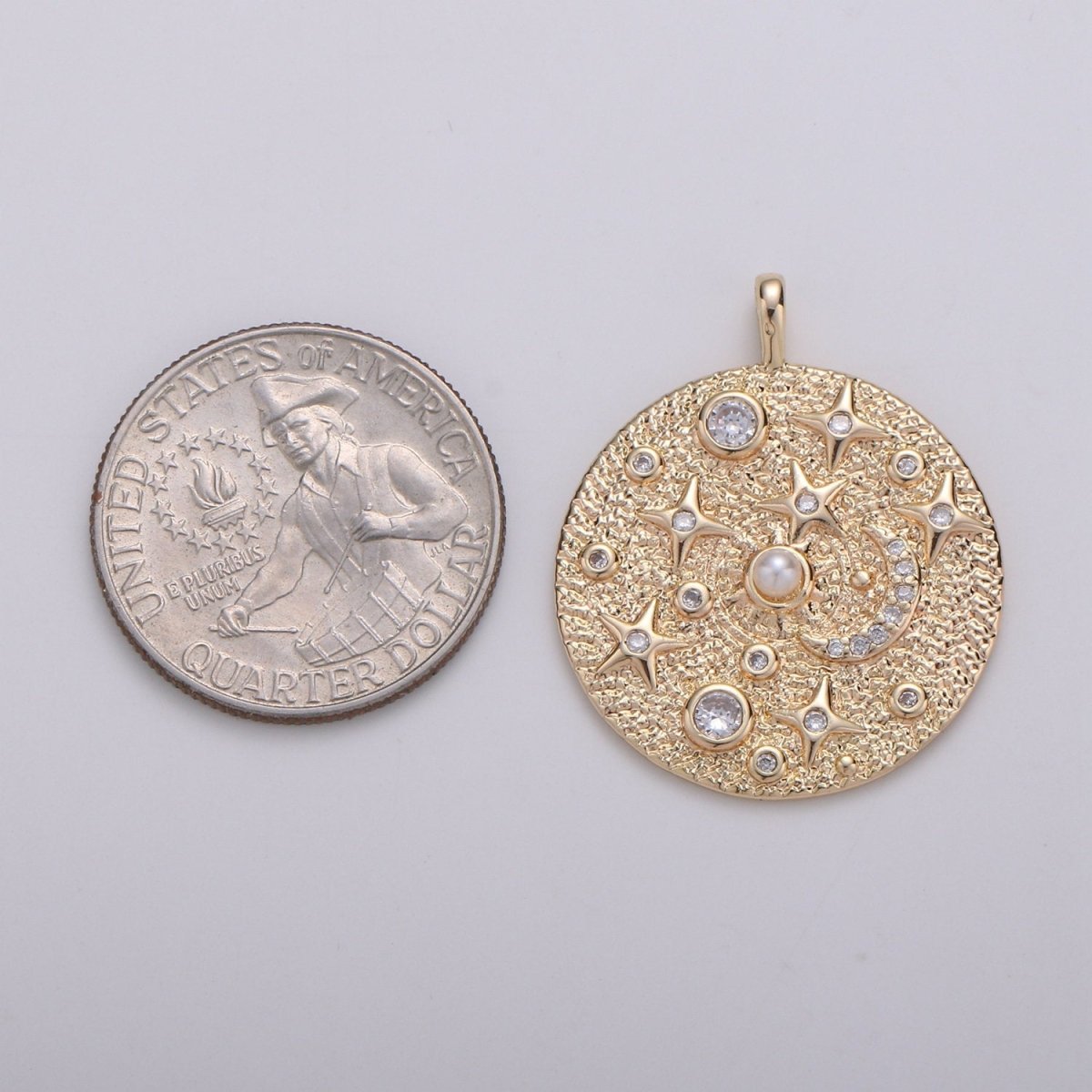 Pearl and Micro Pave CZ Planet in the Universe Round Pendant 14K gold Filled Charm, Star, Cresent Moon, Galaxy, DIY Jewelry Necklace making D-736 - DLUXCA