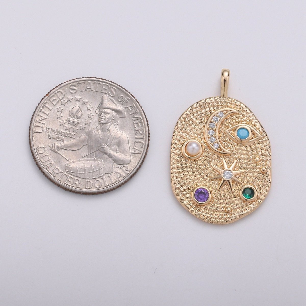 Pearl and Multi color CZ Planet in the Ovum Universe Pendant 14K gold Filled Charm, Star, Crescent Moon, Galaxy, DIY Jewelry Necklace making, D-739 - DLUXCA