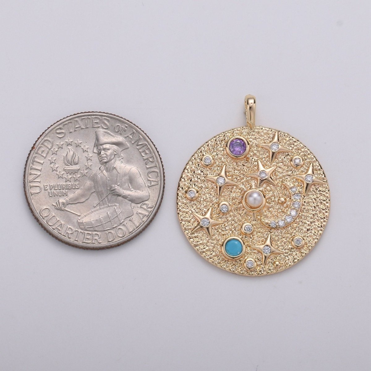 Pearl and Multi color CZ Planet in the Universe Round Pendant 14K gold Filled Charm, Star, Cresent Moon, Galaxy, DIY Jewelry Necklace making D-737 - DLUXCA