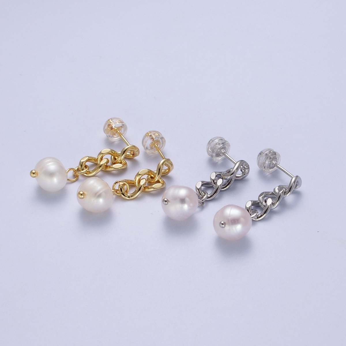 Pearl Dangle Earrings / Chain Earrings Gold Silver Pearl Earrings Stud Earring Curb Chain AE-1082 AE-1083 - DLUXCA
