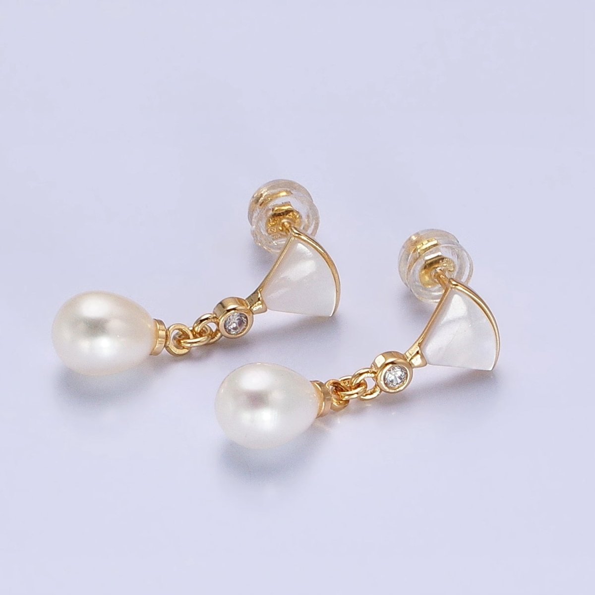Pearl Drop Earrings Dainty Fan Shell Pearl Stud Earring with Dangling Pearl Charm AB724 - DLUXCA