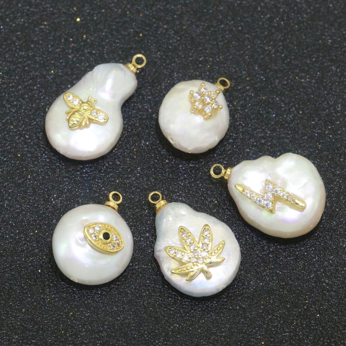 Pearl Gold Evil Eye Charm, Bee, Thunder, Weed, Star Charm Dainty Pear Freeform Pearl Jewelry for Amulet Pendant Jewelry Supply P-1826 P-1827 - DLUXCA