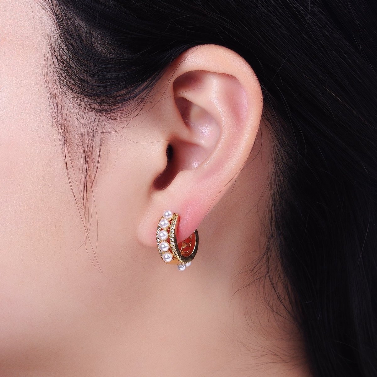 Pearl Hoop Earrings Gold Filled Silver Minimalist Huggie Earrings AB-176 AB-725 - DLUXCA