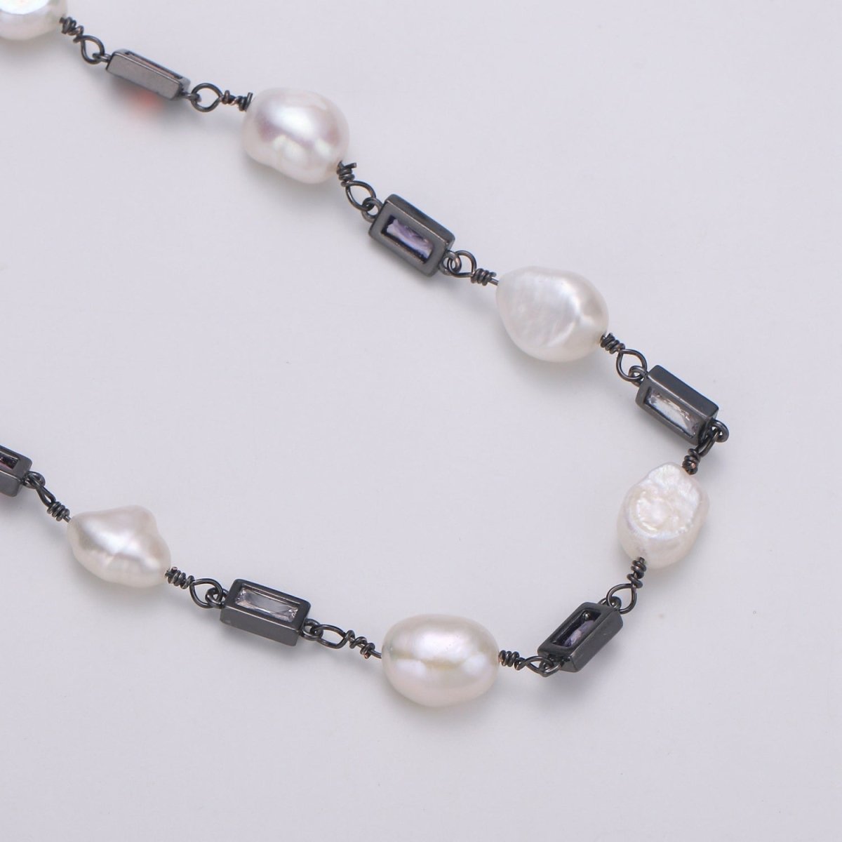 Pearl Micro Pave Charmed 24K Gold-Filled Chain by Yard, Multicolor Square Cubic Chain, Baroque Pearl CZ Chain | ROLL-319, ROLL-320, ROLL-321 Clearance Pricing - DLUXCA