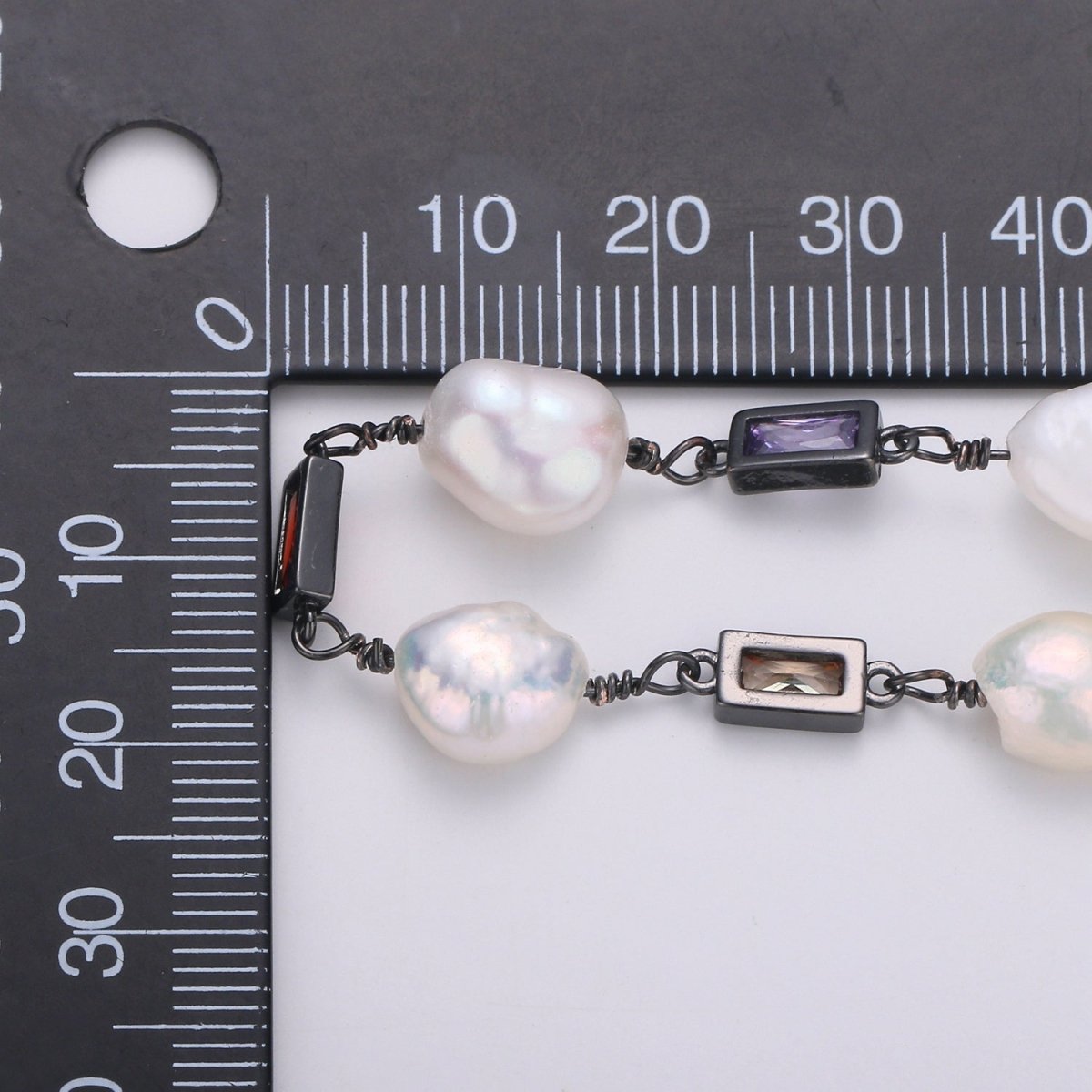 Pearl Micro Pave Charmed 24K Gold-Filled Chain by Yard, Multicolor Square Cubic Chain, Baroque Pearl CZ Chain | ROLL-319, ROLL-320, ROLL-321 Clearance Pricing - DLUXCA