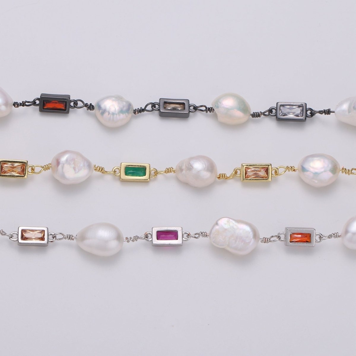 Pearl Micro Pave Charmed 24K Gold-Filled Chain by Yard, Multicolor Square Cubic Chain, Baroque Pearl CZ Chain | ROLL-319, ROLL-320, ROLL-321 Clearance Pricing - DLUXCA