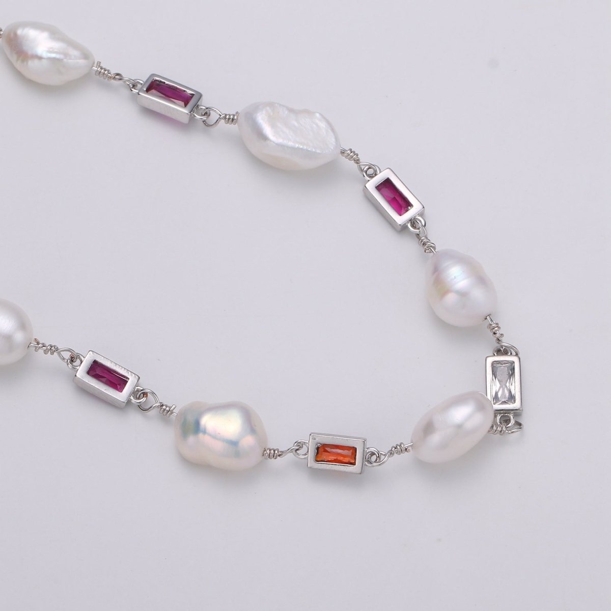 Pearl Micro Pave Charmed 24K Gold-Filled Chain by Yard, Multicolor Square Cubic Chain, Baroque Pearl CZ Chain | ROLL-319, ROLL-320, ROLL-321 Clearance Pricing - DLUXCA