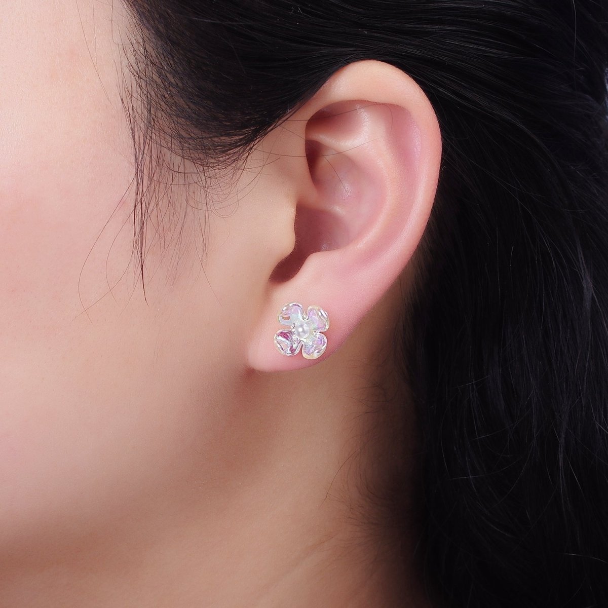Pearl Micro Paved CZ AB Iridescent Acrylic Flower Stud Earrings Set in Gold & Silver | V496 V497 - DLUXCA