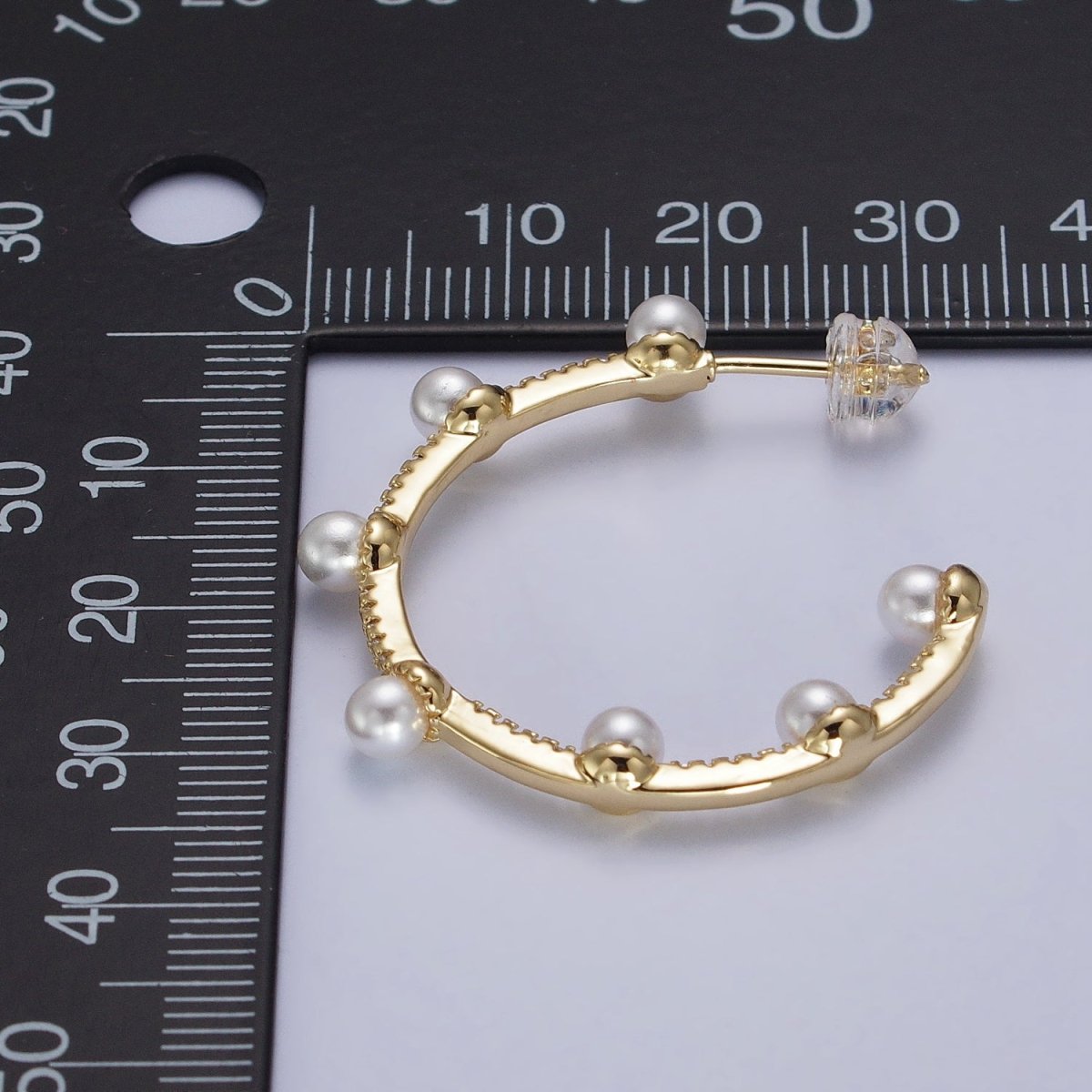 Pearl Micro Paved CZ Lined C-Shaped 32mm Hoop Earrings in Gold & Silver | AB062 AB063 - DLUXCA