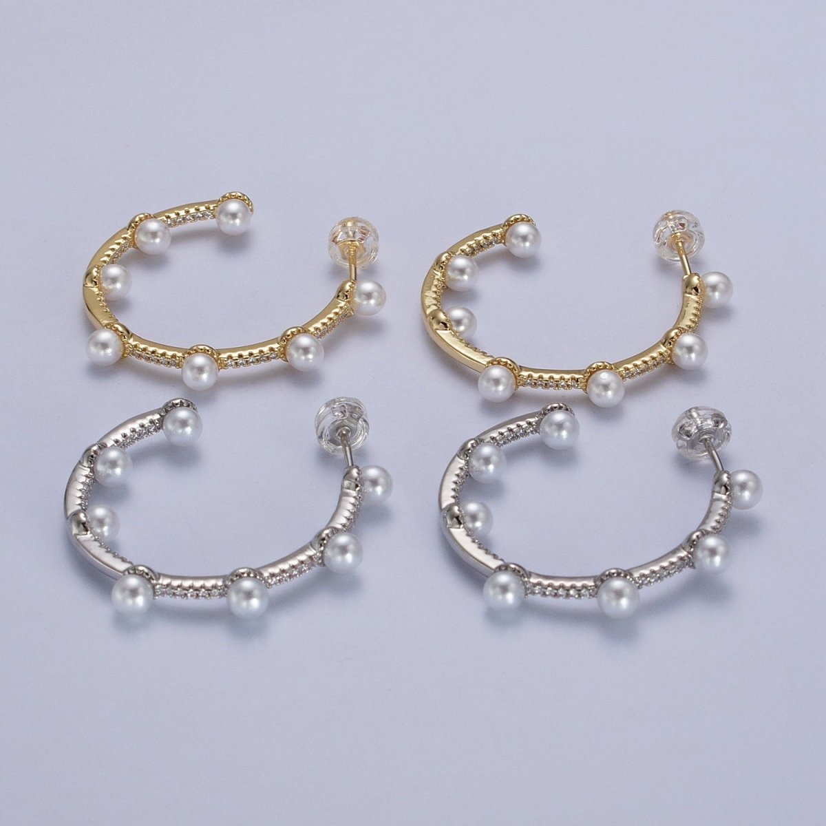 Pearl Micro Paved CZ Lined C-Shaped 32mm Hoop Earrings in Gold & Silver | AB062 AB063 - DLUXCA