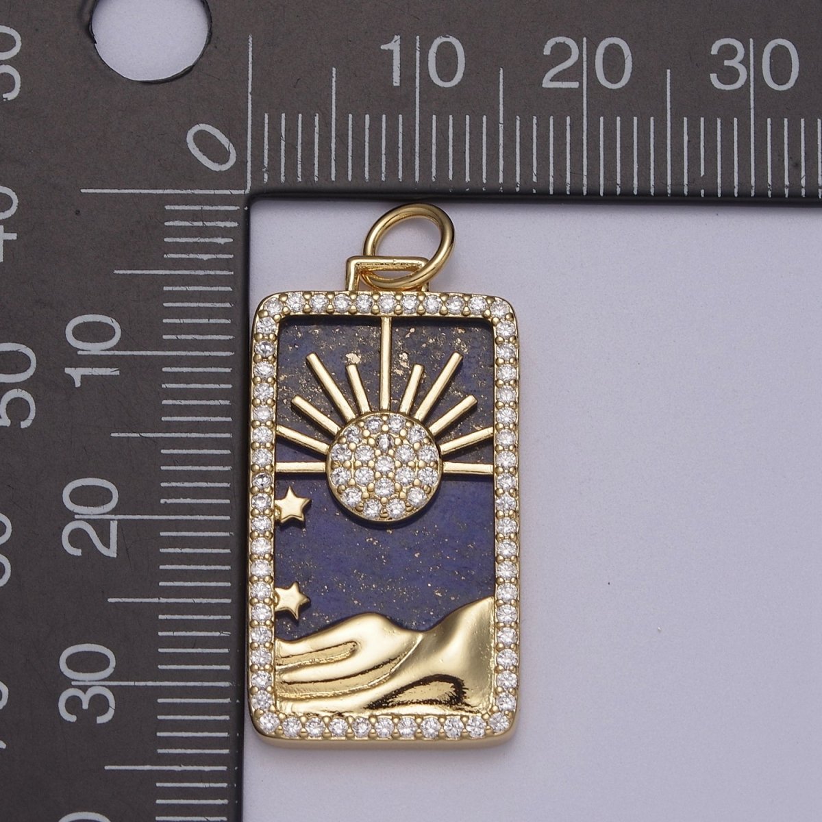 Pearl Sun Tag Charm Blue Lapiz Mountain Gold Filled Charm Clear CZ Tag Medallion Charm Pendant E-424 E-445 - DLUXCA