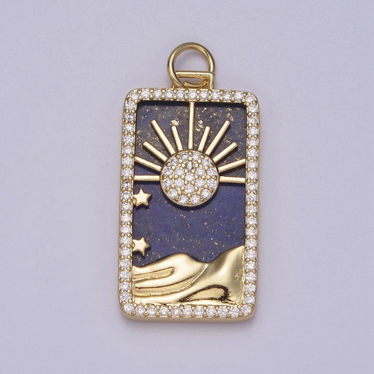 Pearl Sun Tag Charm Blue Lapiz Mountain Gold Filled Charm Clear CZ Tag Medallion Charm Pendant E-424 E-445 - DLUXCA
