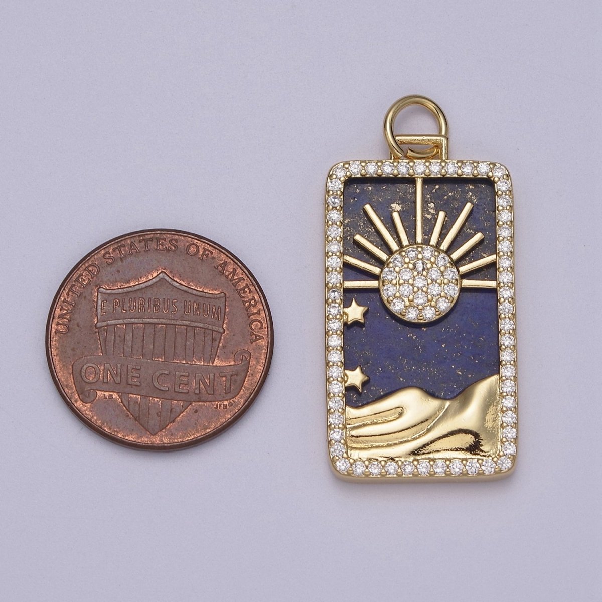 Pearl Sun Tag Charm Blue Lapiz Mountain Gold Filled Charm Clear CZ Tag Medallion Charm Pendant E-424 E-445 - DLUXCA