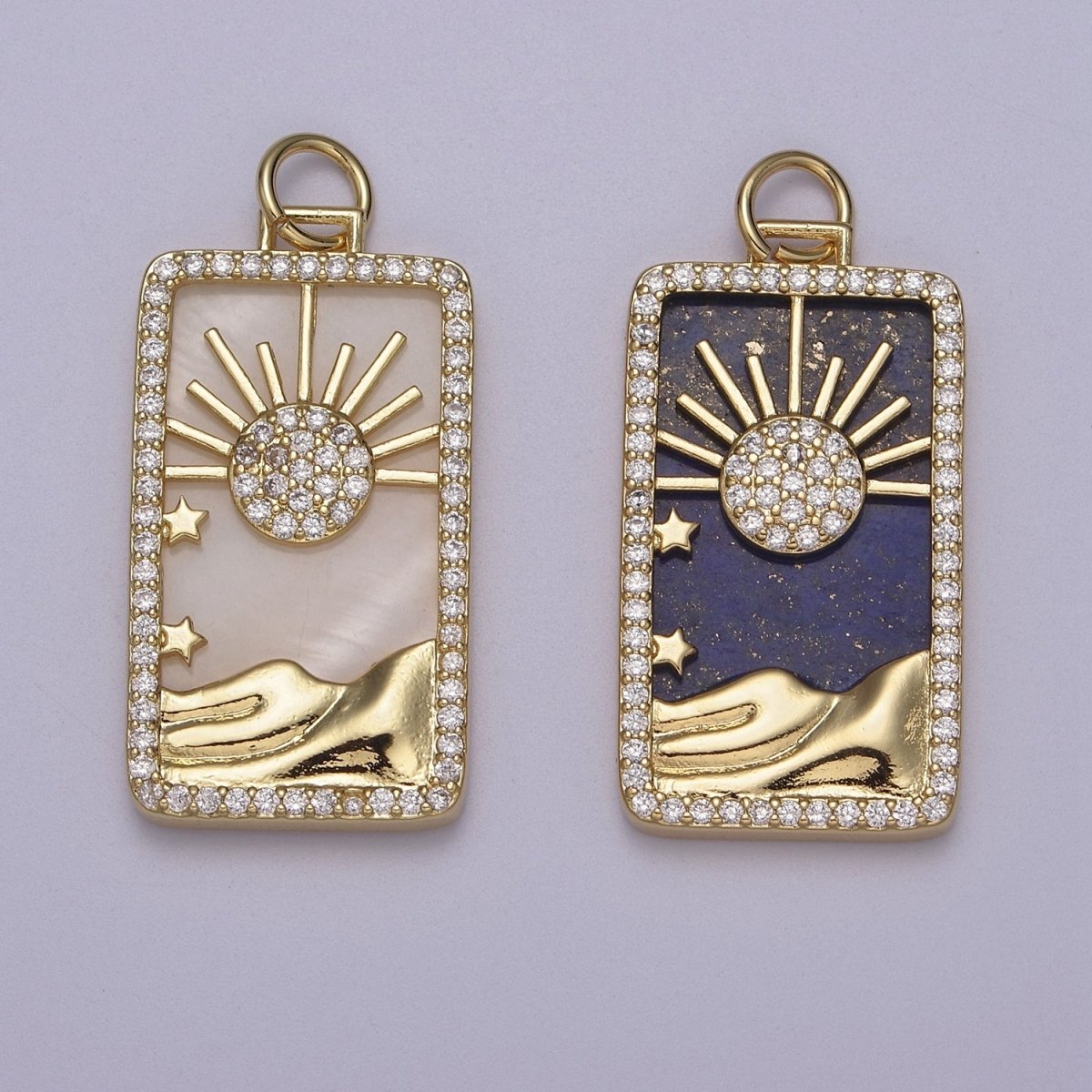 Pearl Sun Tag Charm Blue Lapiz Mountain Gold Filled Charm Clear CZ Tag Medallion Charm Pendant E-424 E-445 - DLUXCA