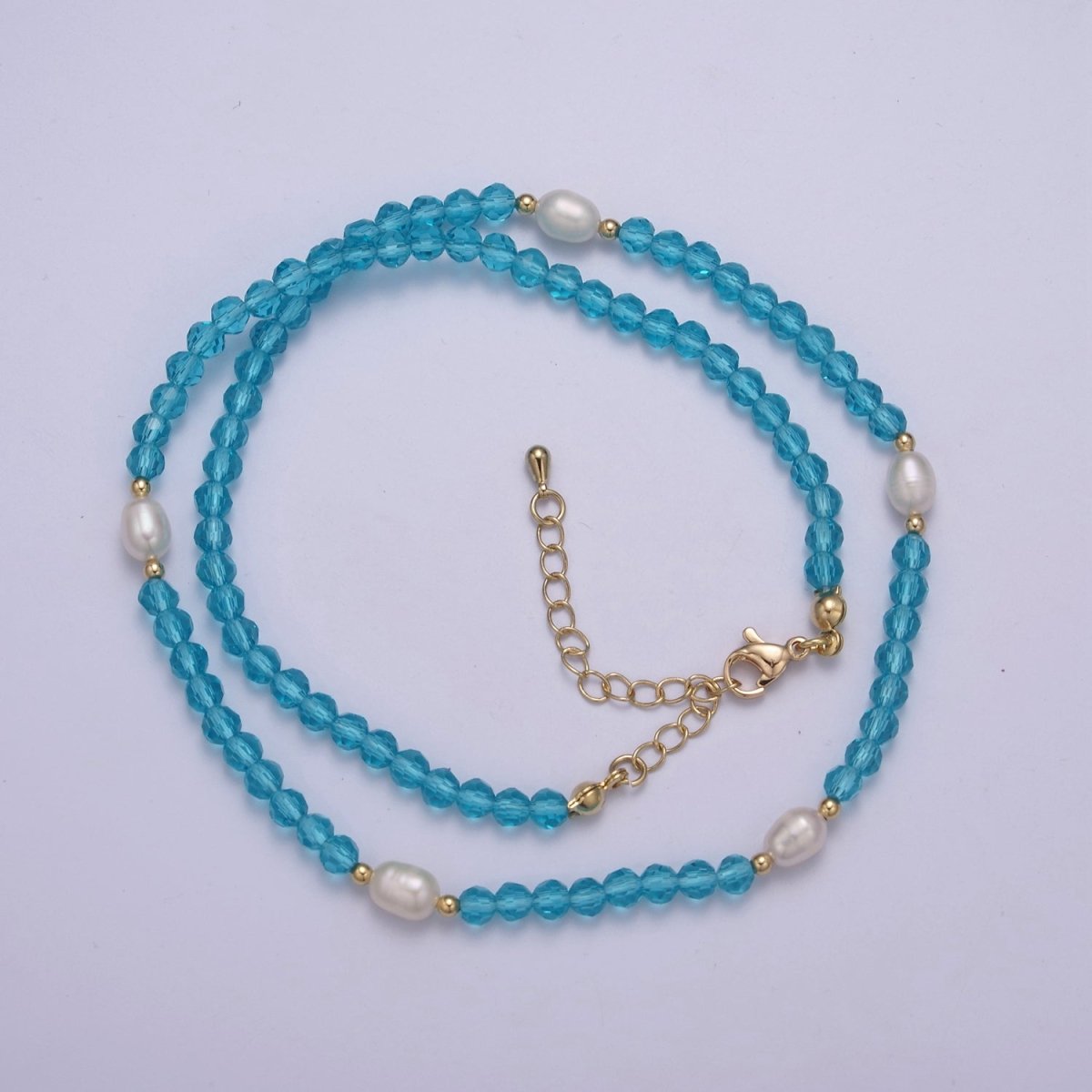 Pearl with Aqua Blue Glass Beaded Necklace, Light Blue Faceted Rondell Beads Necklace | WA-591 Clearance Pricing - DLUXCA