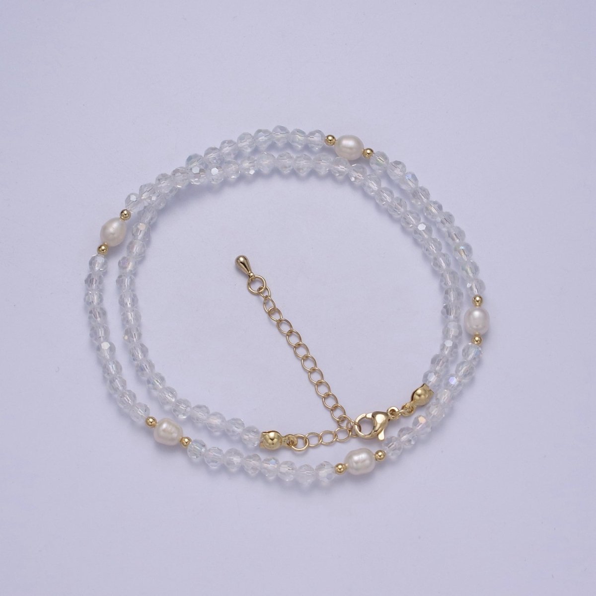 Pearl with Clear Glass Beaded Necklace, Clear Faceted Rondell Beads Necklace | WA-610 Clearance Pricing - DLUXCA