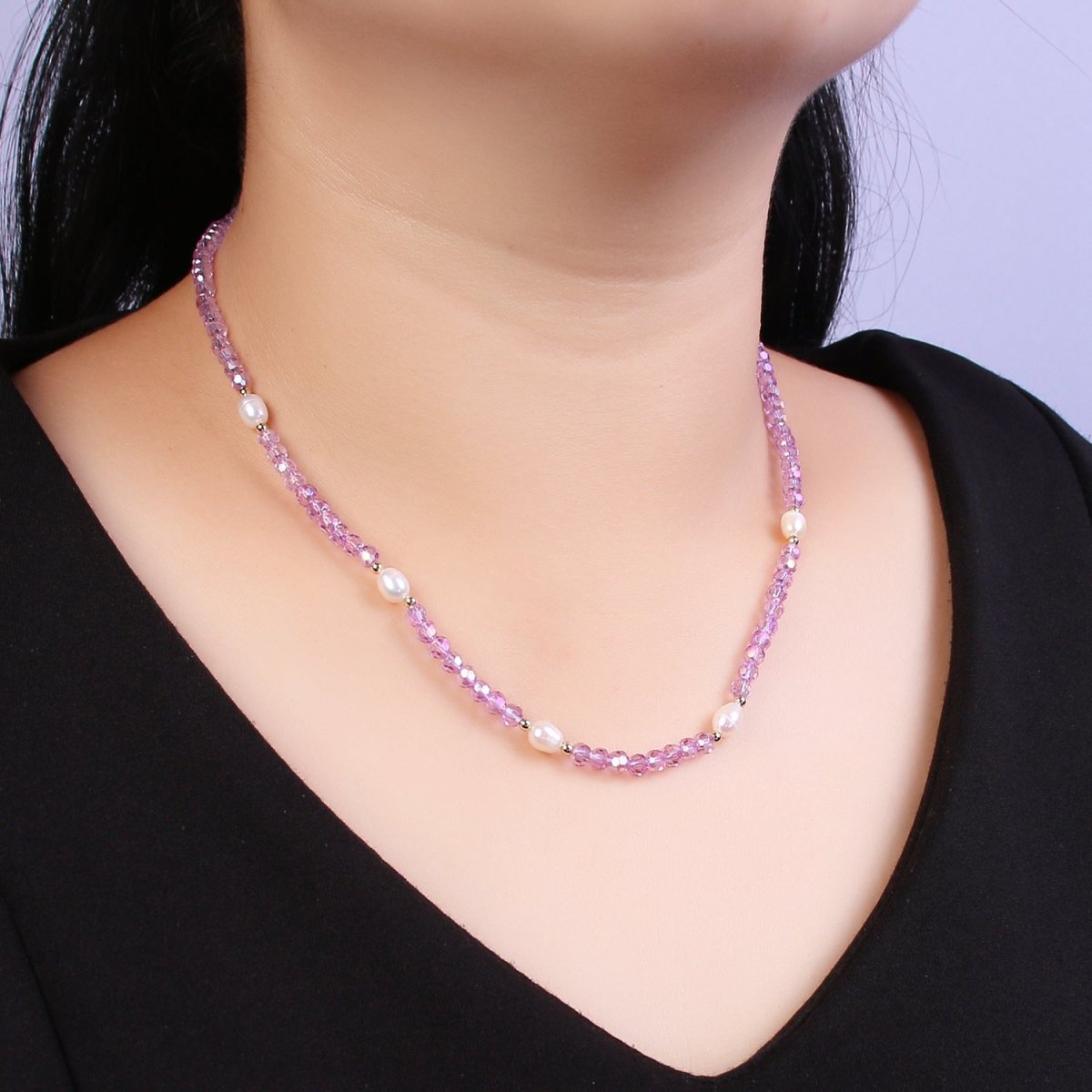 Pearl with Lavender Glass Beaded Necklace, Purple Faceted Rondell Beads Necklace for Layer | WA-585 Clearance Pricing - DLUXCA