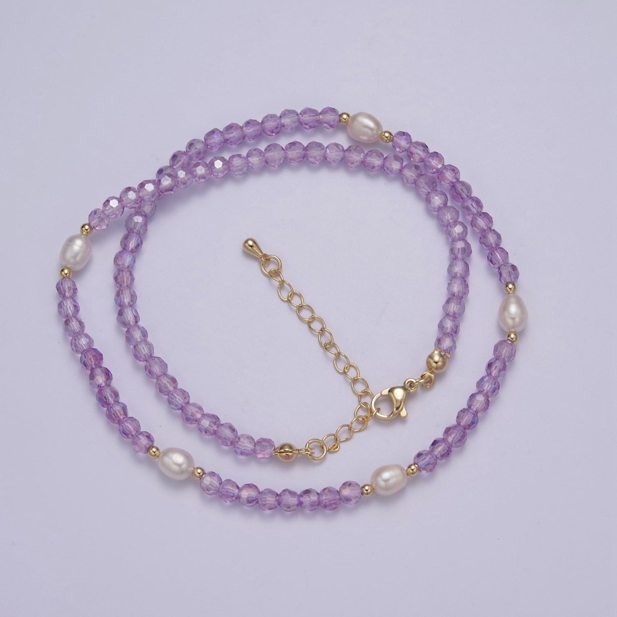 Pearl with Lavender Glass Beaded Necklace, Purple Faceted Rondell Beads Necklace for Layer | WA-585 Clearance Pricing - DLUXCA