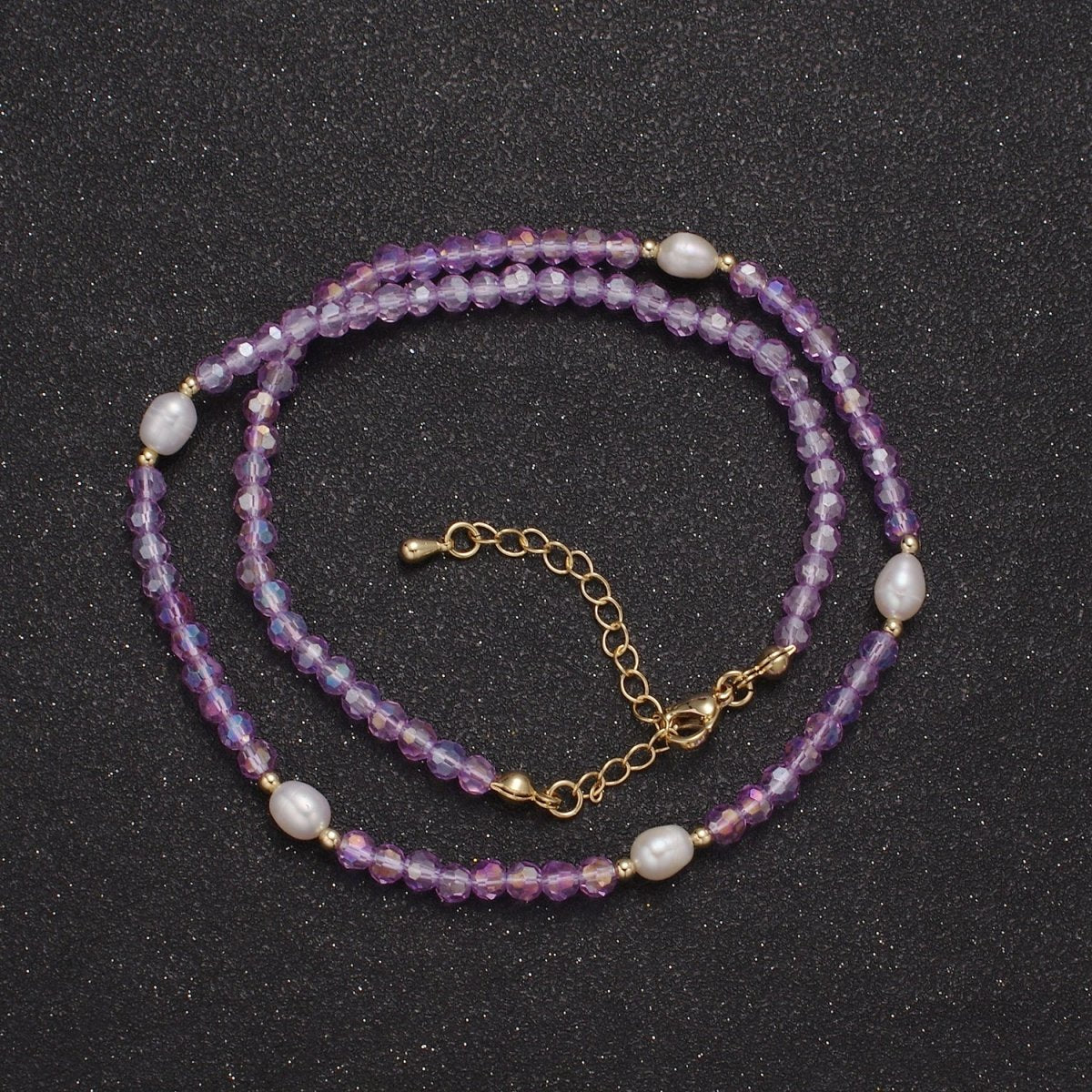Pearl with Lavender Glass Beaded Necklace, Purple Faceted Rondell Beads Necklace for Layer | WA-585 Clearance Pricing - DLUXCA